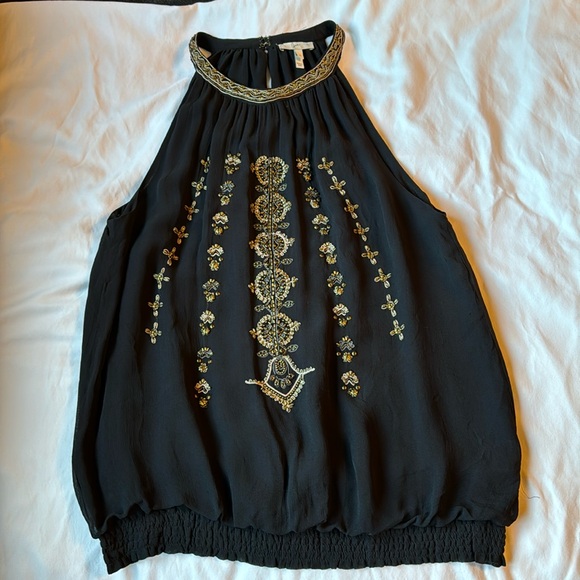Joie Tops - Joie Dressy Black Halter Blouse with Matte Gold Bead Embellishment